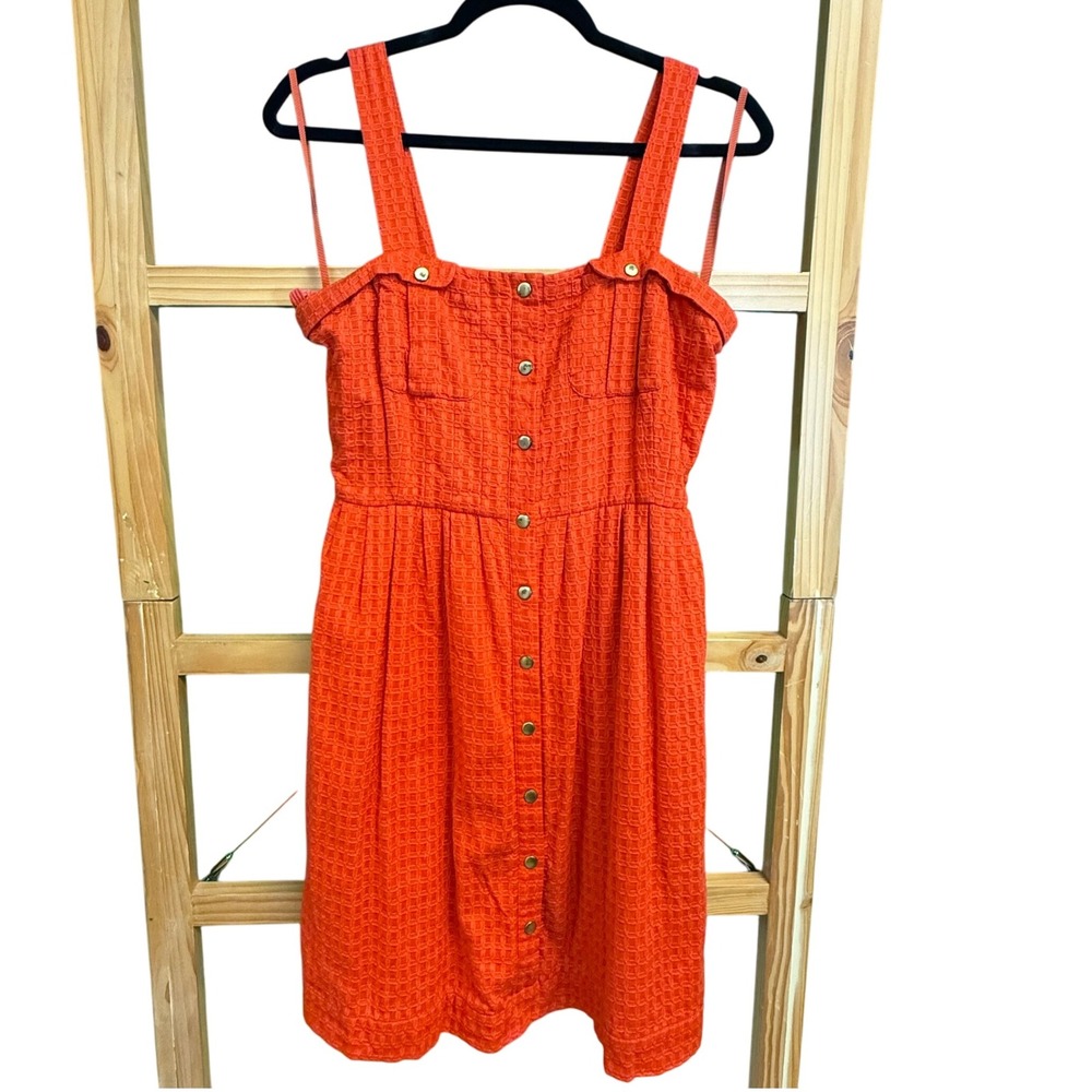 Leifsdottir‎ Orange Dress Button Front Sleeveless Pockets Textured Casual